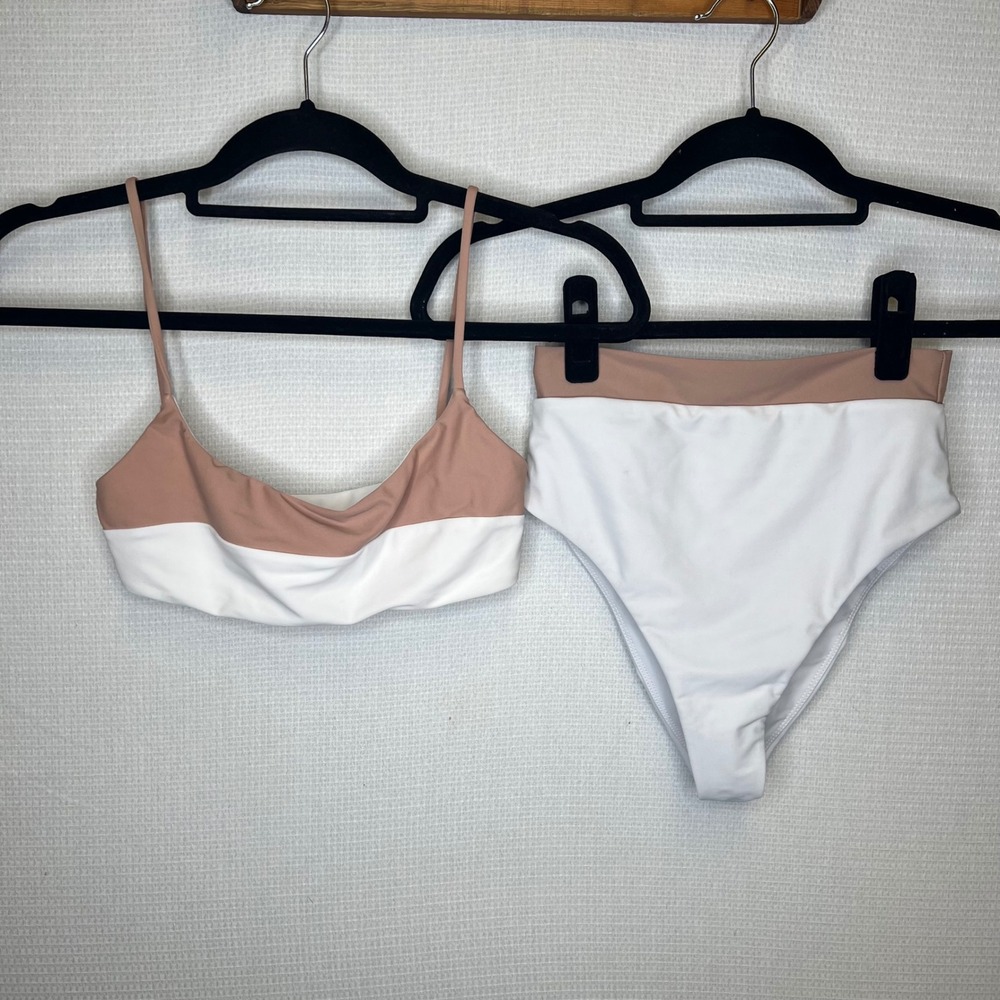 House of Harlow 1960 Womens Small Colorblock High Waisted Bikini Set Nude White